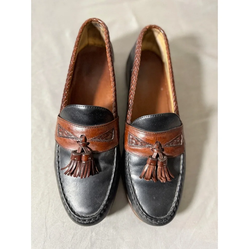 Allen Edmonds Tassel Loafers Black Leather‎ Brown Woven Trim Mens Size 9.5 D